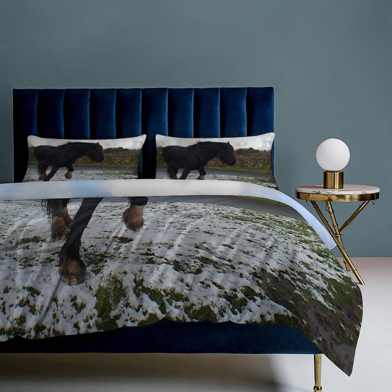 snow scene horse 3-Piece Bedding Set (1 Duvet Cover + 2 Pillow Shams) 3-Piece Bedding Set 102"×90" (1 Quilt Cover + 2 Pillowcases)