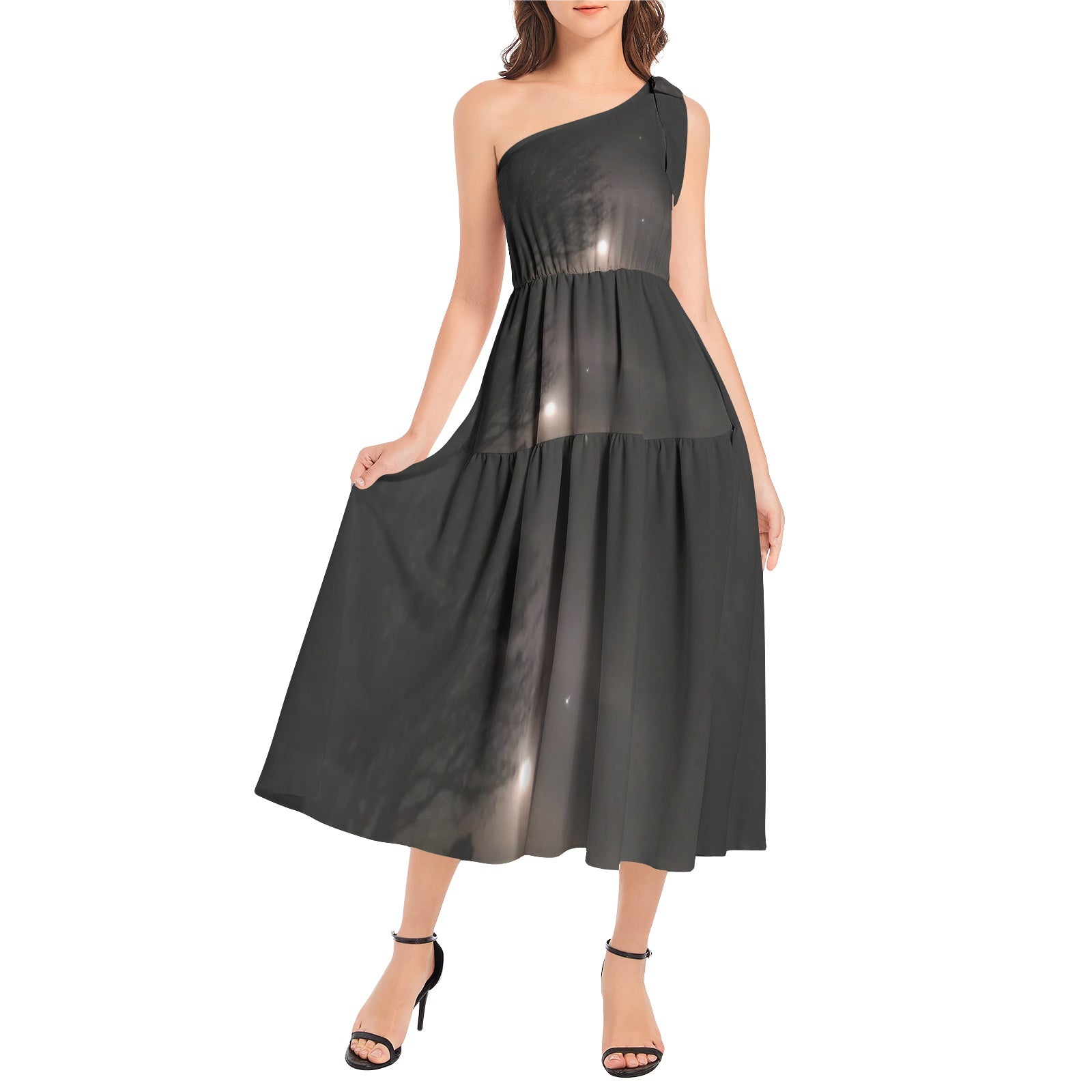 supmoon with stars Ruffle Hem One Shoulder Midi Dress