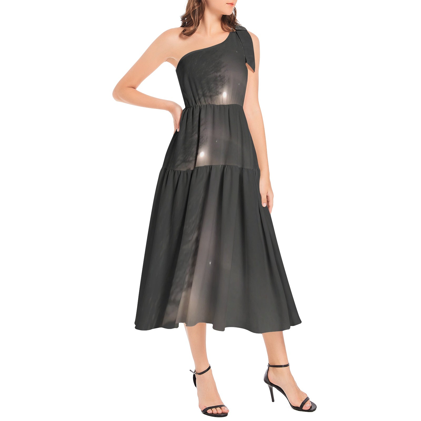 supmoon with stars Ruffle Hem One Shoulder Midi Dress