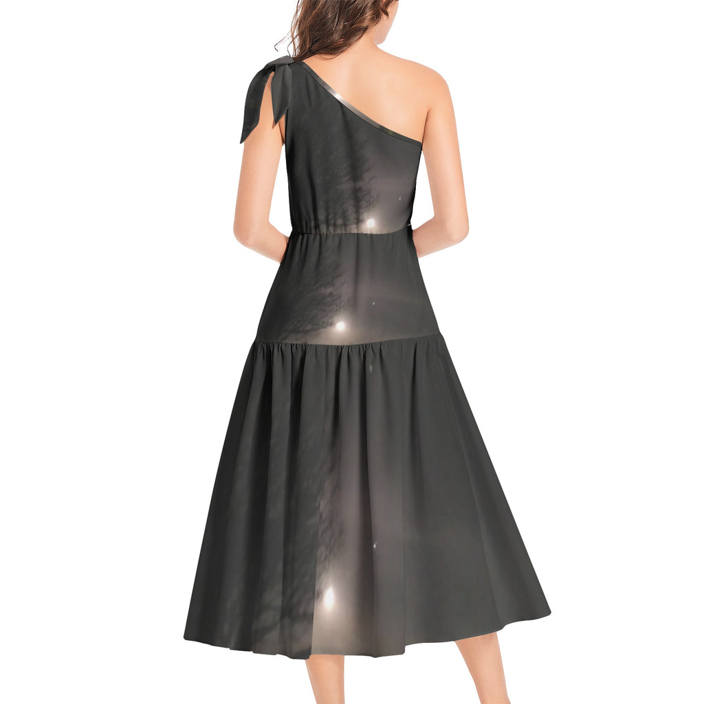 supmoon with stars Ruffle Hem One Shoulder Midi Dress