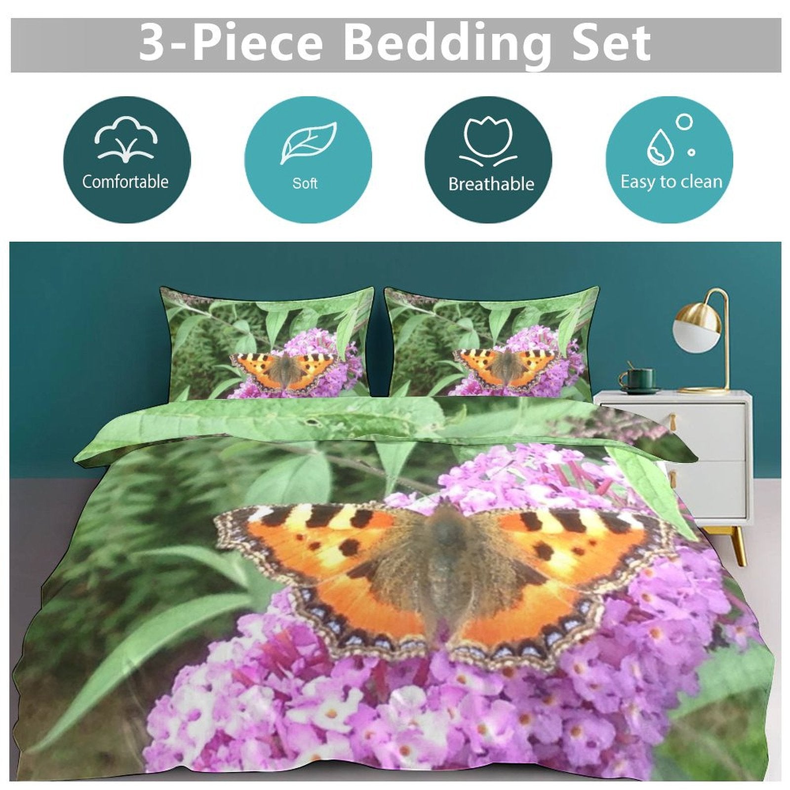 butterfly 3-Piece Bedding Set 102"×90" (1 Quilt Cover + 2 Pillowcases)