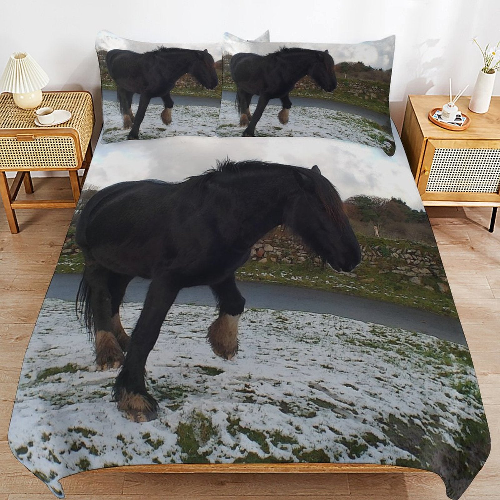snow scene horse 3-Piece Bedding Set (1 Duvet Cover + 2 Pillow Shams) 3-Piece Bedding Set 102"×90" (1 Quilt Cover + 2 Pillowcases)