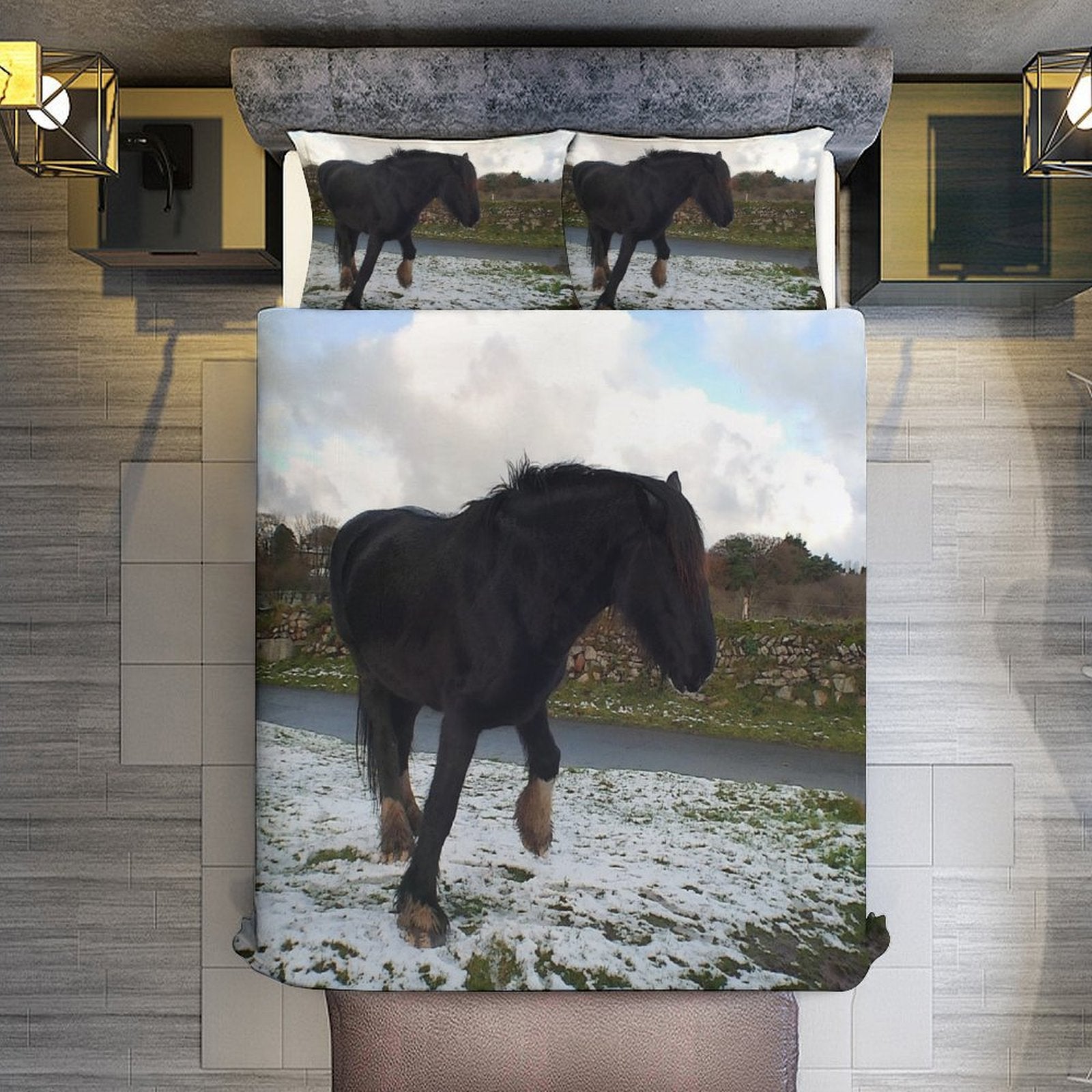 snow scene horse 3-Piece Bedding Set (1 Duvet Cover + 2 Pillow Shams) 3-Piece Bedding Set 102"×90" (1 Quilt Cover + 2 Pillowcases)