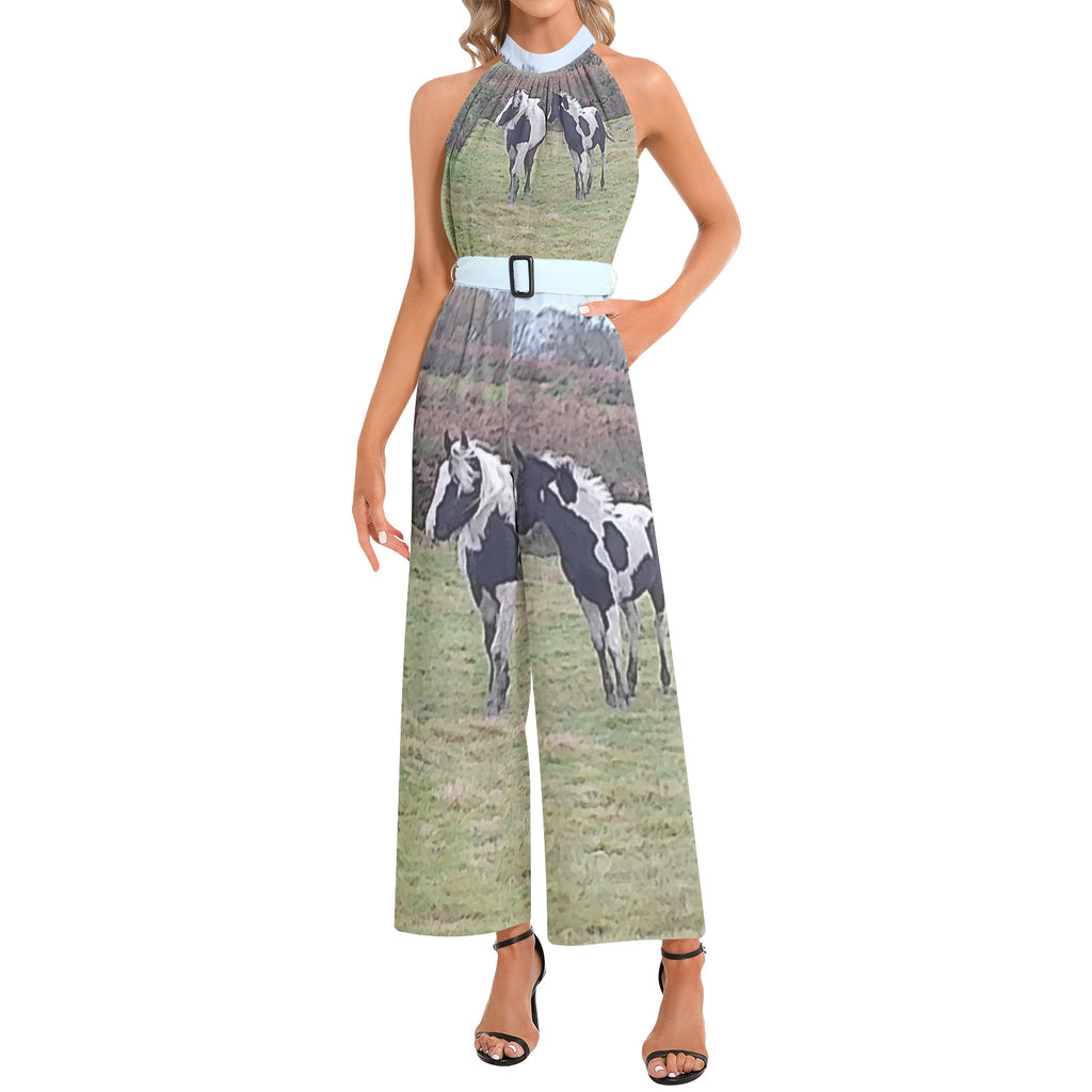 horses Halter Neck Buckle Belted Jumpsuit
