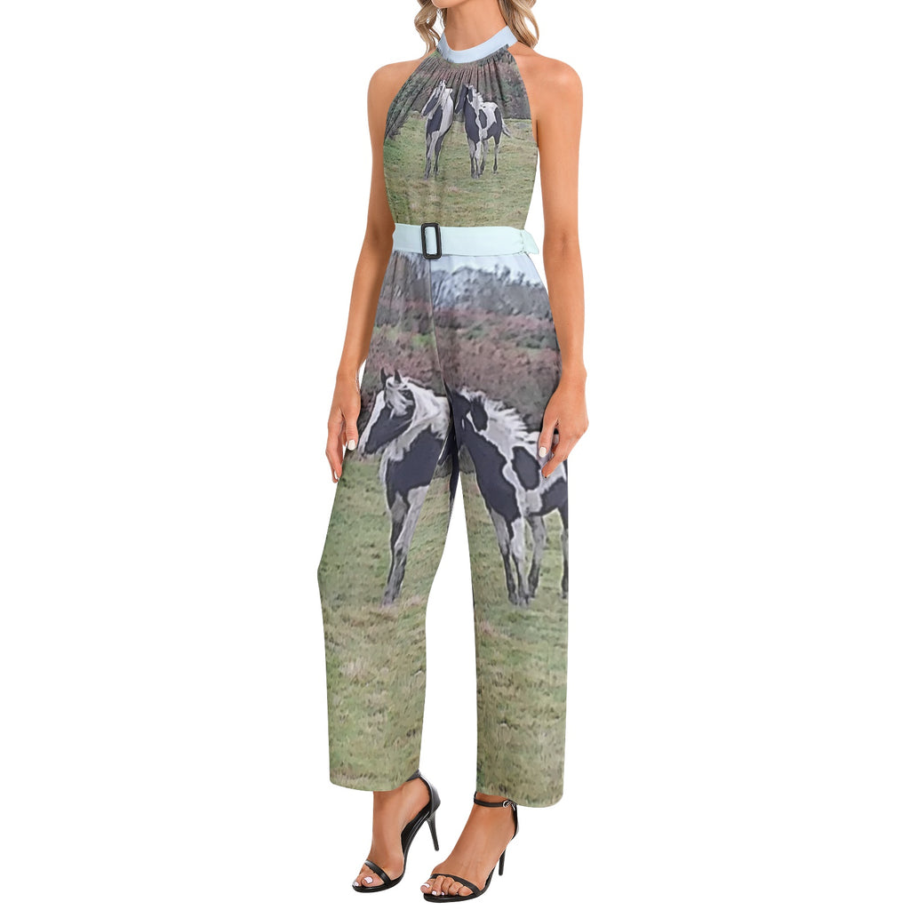 horses Halter Neck Buckle Belted Jumpsuit
