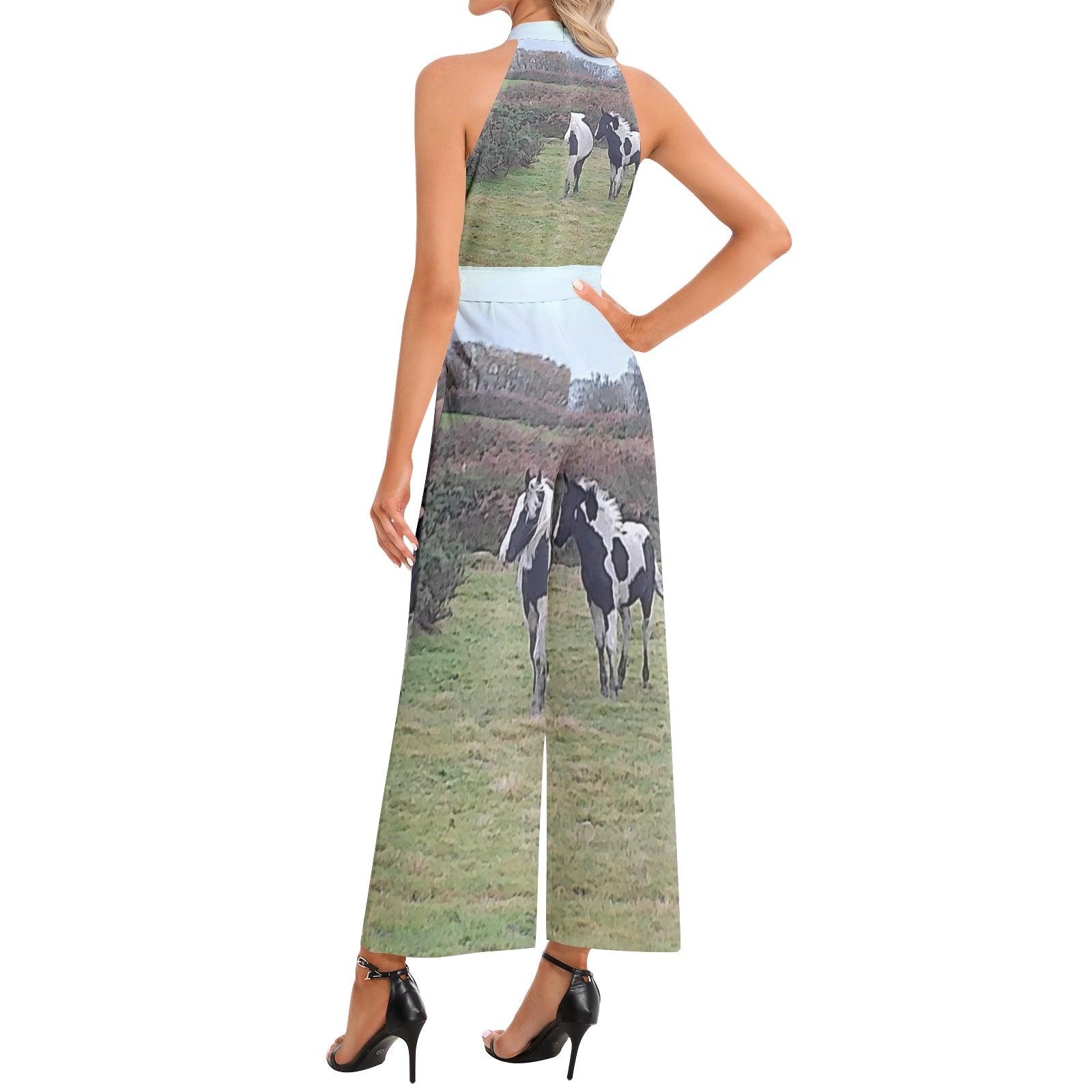horses Halter Neck Buckle Belted Jumpsuit