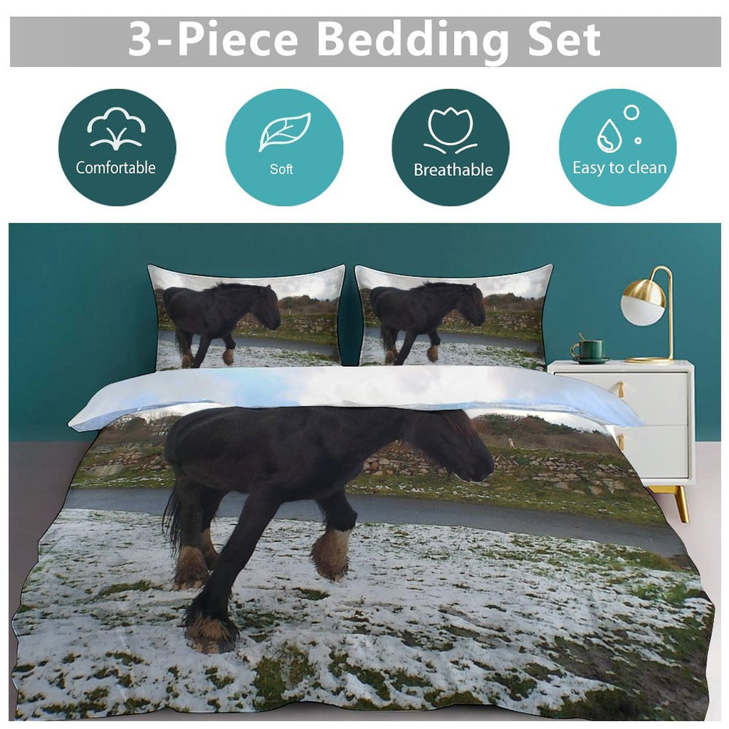 snow scene horse 3-Piece Bedding Set (1 Duvet Cover + 2 Pillow Shams) 3-Piece Bedding Set 102"×90" (1 Quilt Cover + 2 Pillowcases)