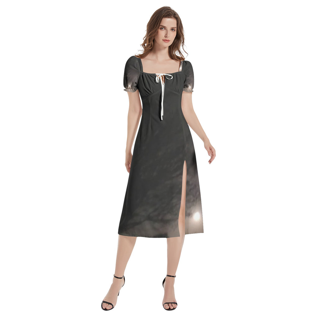 supermoon and star Puff Sleeve Split Thigh Midi Dress