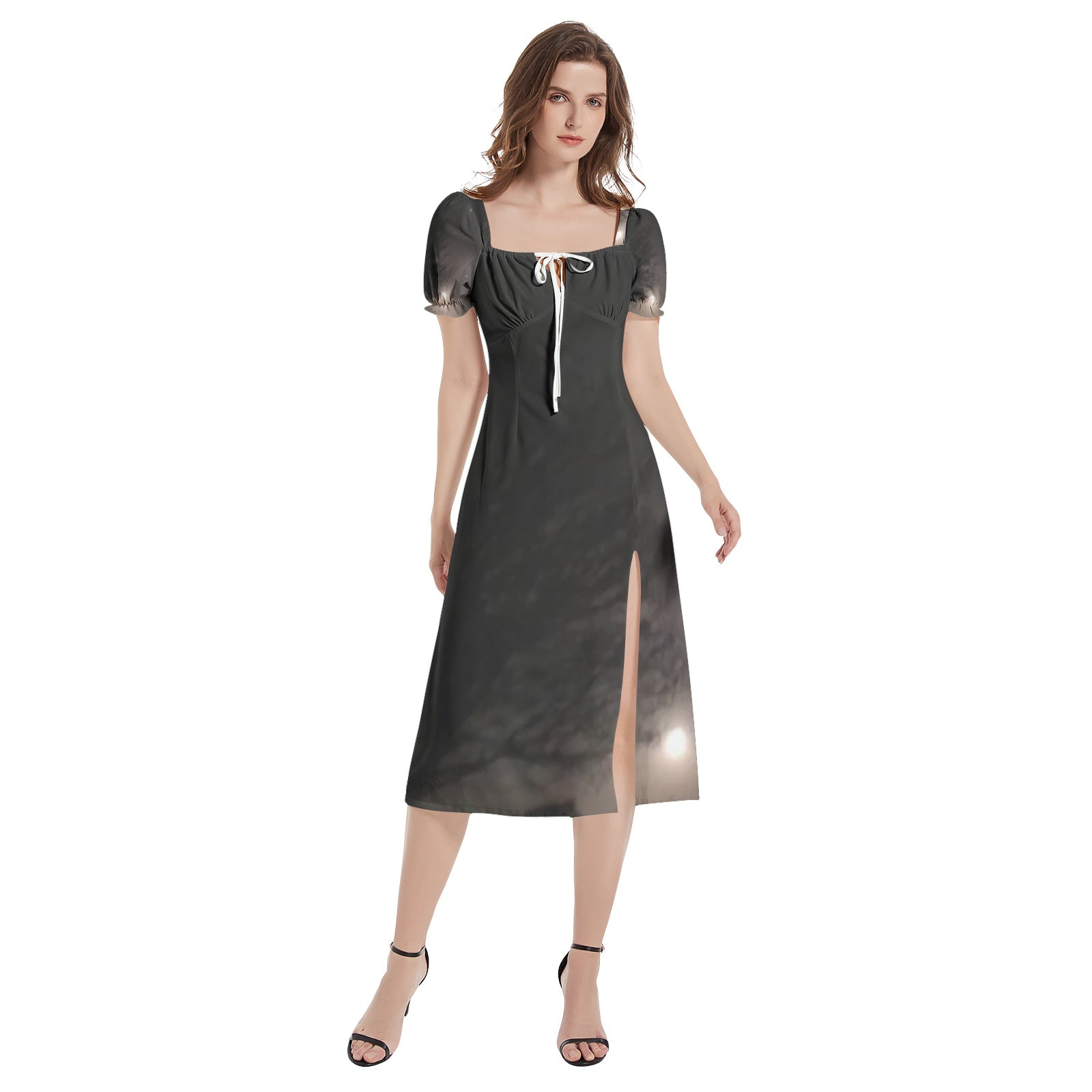 supermoon and star Puff Sleeve Split Thigh Midi Dress