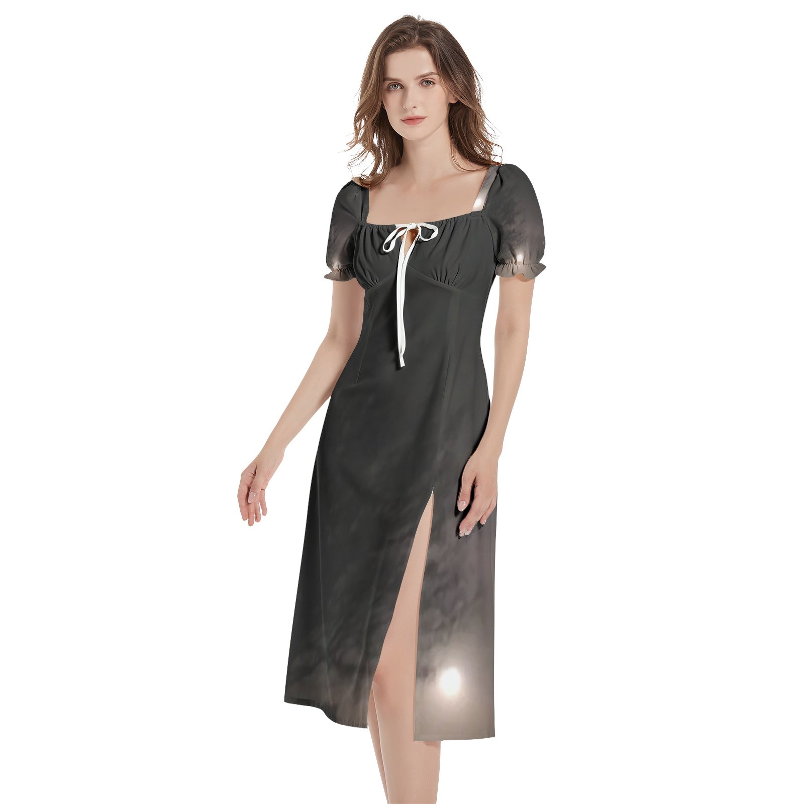 supermoon and star Puff Sleeve Split Thigh Midi Dress