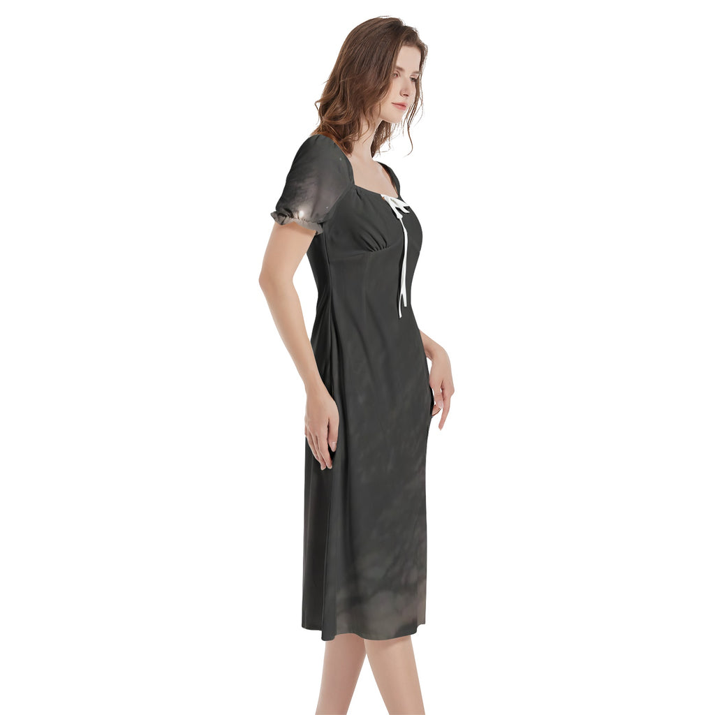 supermoon and star Puff Sleeve Split Thigh Midi Dress